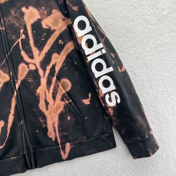 Adidas Hoodie Womens XL Black Sweatshirt Running Full Zip Bleach Dye Custom Gym - Picture 3 of 11